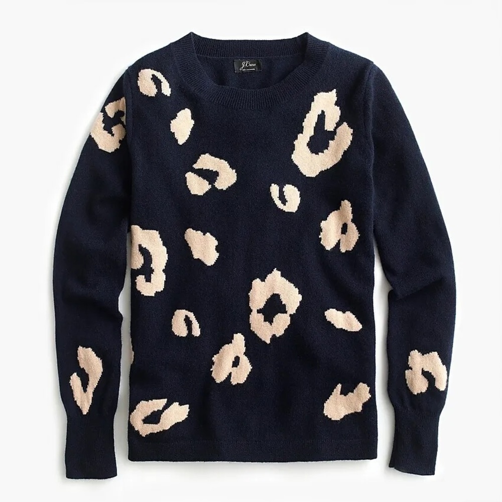 J. Crew Cashmere Sweater in Navy and Tan Leopard Print (size S)